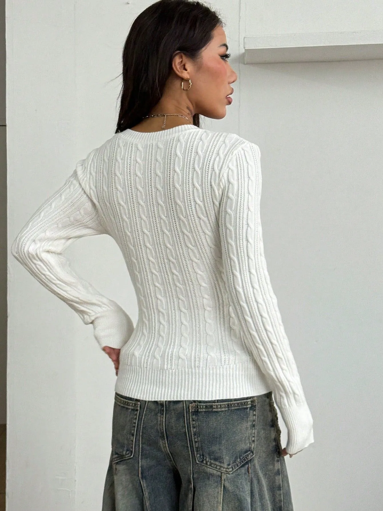 Solid Color Streetwear Sweater with Long Sleeves, Knitted Craft, Pullover Style in Polyester Fabric