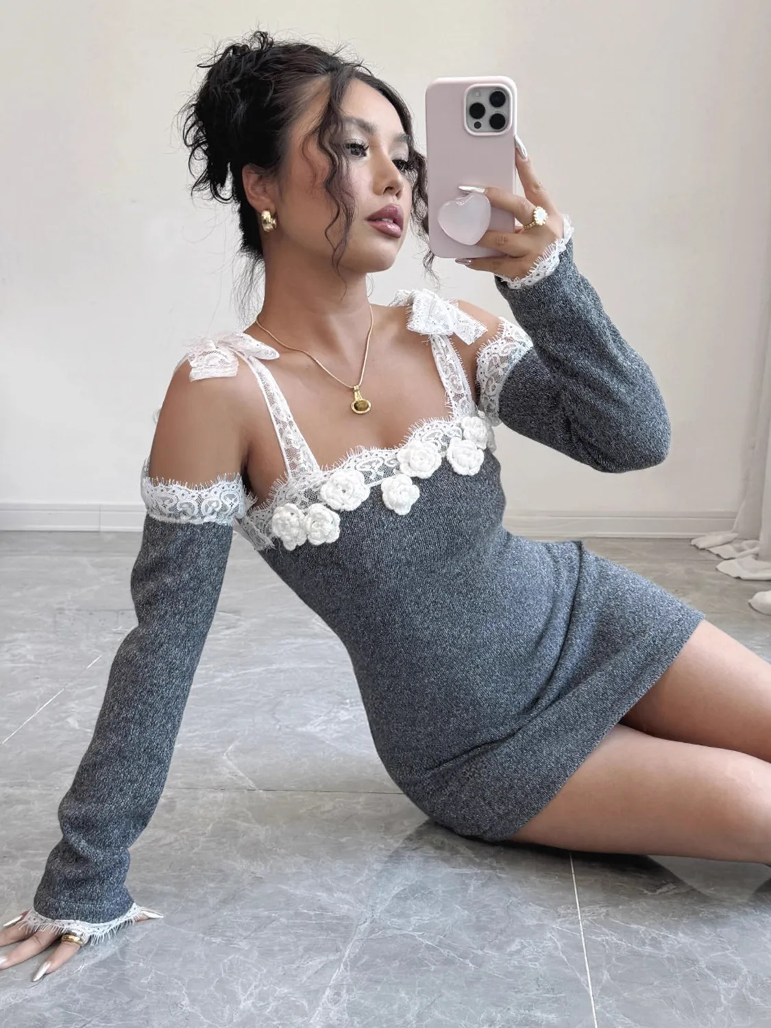 Solid Color Lace Dress with Long Sleeve and Off Shoulder Neckline, Streetwear Style for Street Occasion