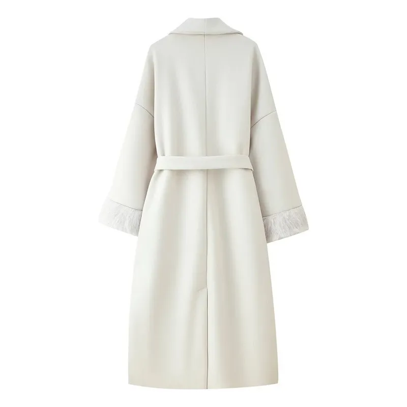 Elegant Woolen Coat for Women with Tie Placket, Polyester Fabric, Lapel Collar, Long Sleeve, and Pocket Detail