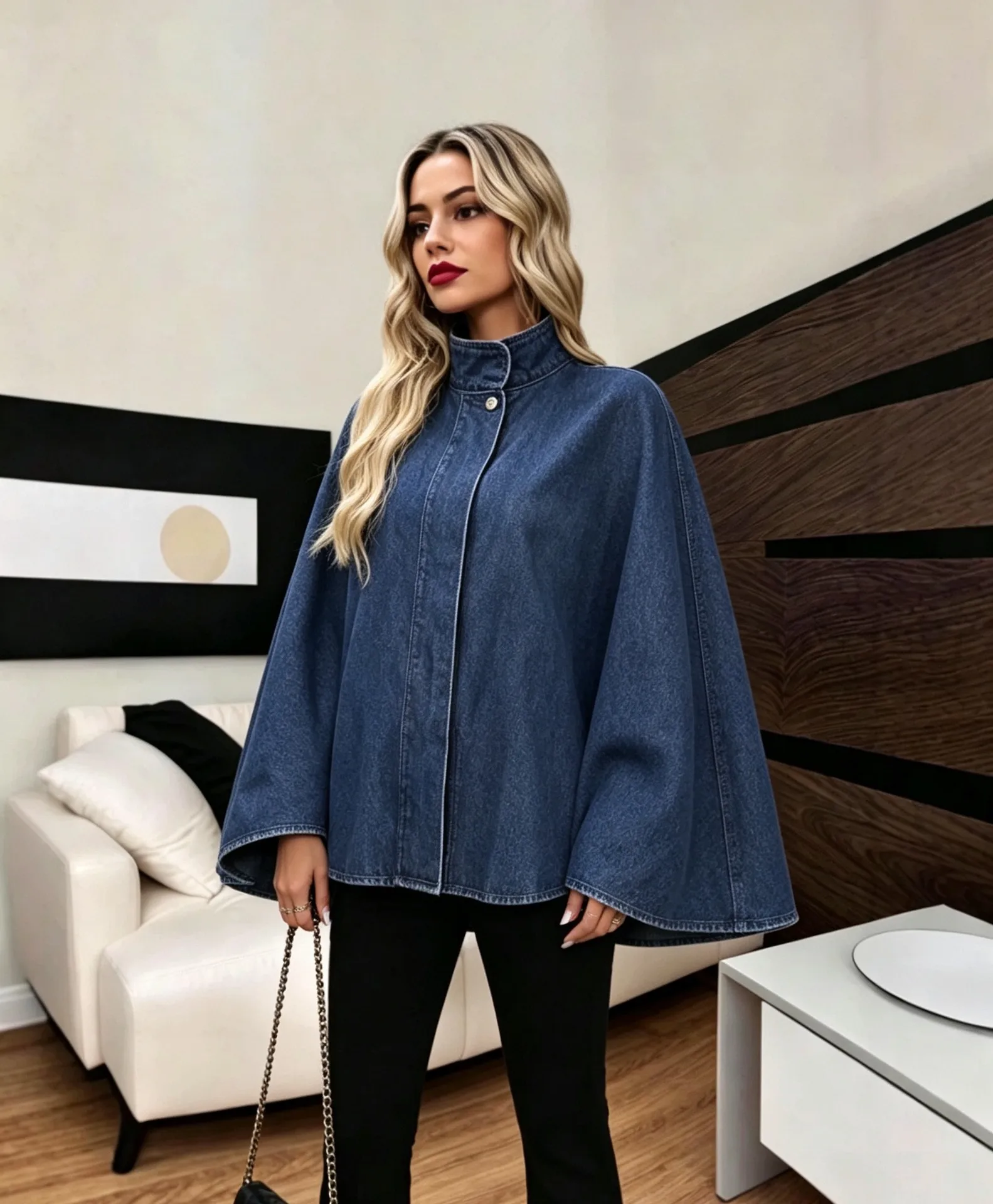 Solid Color Denim Coat for Women with Vintage Style Featuring Batwing Sleeves and Standing Collar