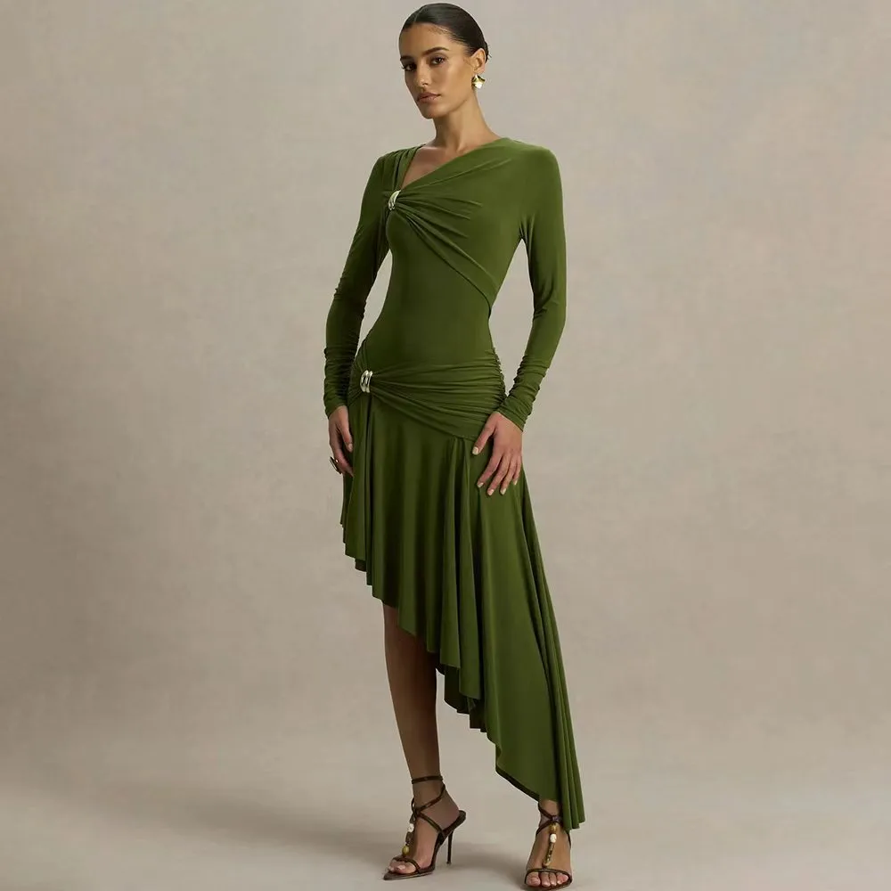 Solid Color Long Sleeve V Neck Party Dress in Polyester, Casual Streetwear Style