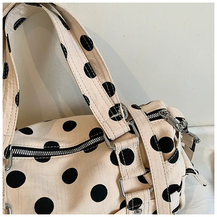 Women’s Canvas Square Handbag with Polka Dots Pattern and Sewing Thread Detail, Featuring Single Shoulder Strap