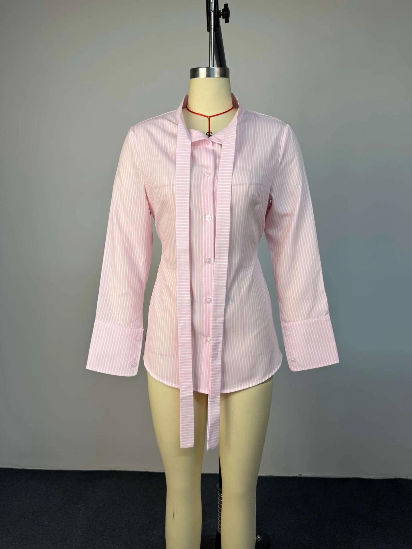 Sexy Stripe Long Sleeve Polyester Shirt for Women with Single Breasted Closure and Lapel Collar