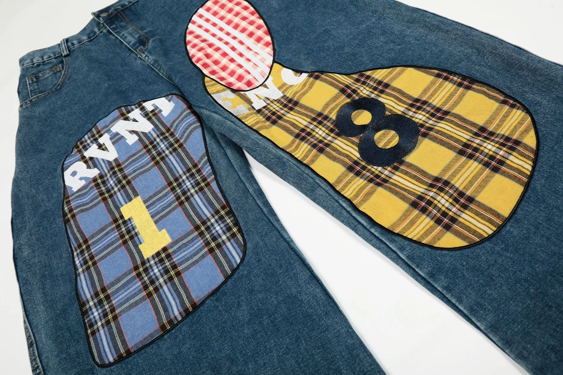 Plaid Full Length Denim Cotton Jeans for Women in Streetwear Style with Embroidery, Inelastic Fabric