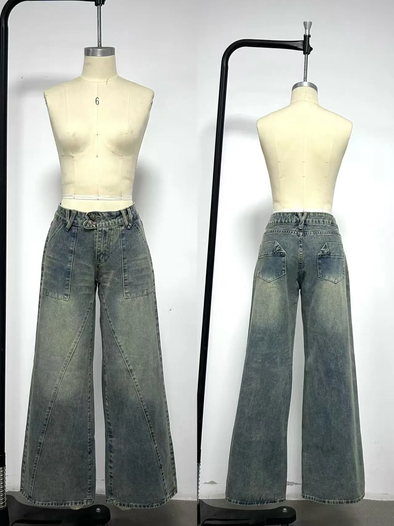Casual Wide Leg Full Length Pants for Women in Washed Denim Cotton Fabric, Inelastic Design