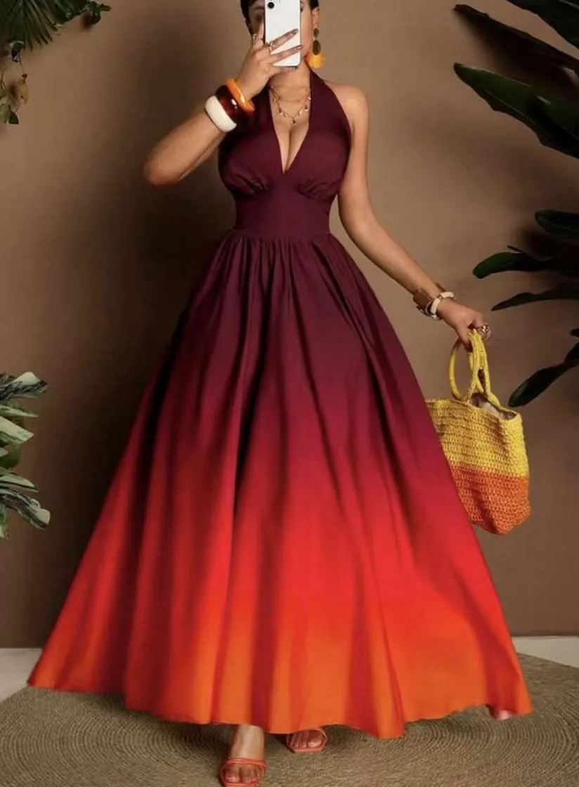 Elegant Sleeveless Halter Neck Swing Dress for Travel in Polyester Fabric with Printing Pattern