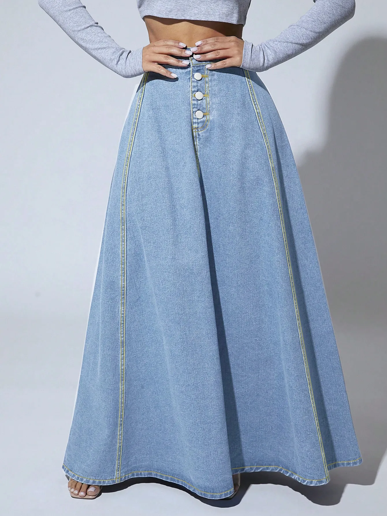 Vintage Style Solid Color Denim Cotton A-Line Skirt with Front Button in Regular Fit for Spring