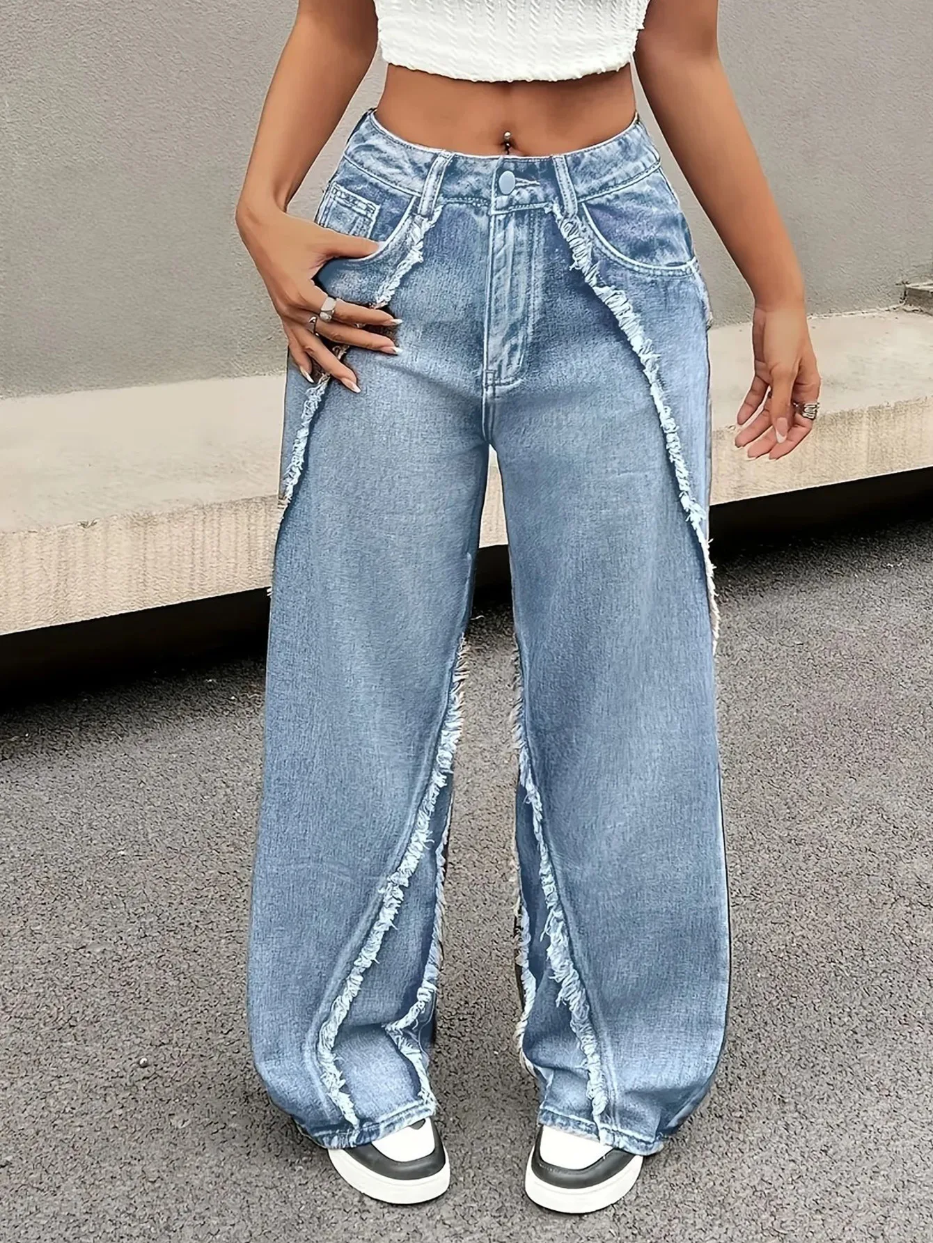 Vintage Style Wide Leg Full Length Pants for Women in Denim Cotton Fabric with Washed Craft, Micro-Elastic, Spring and Summer