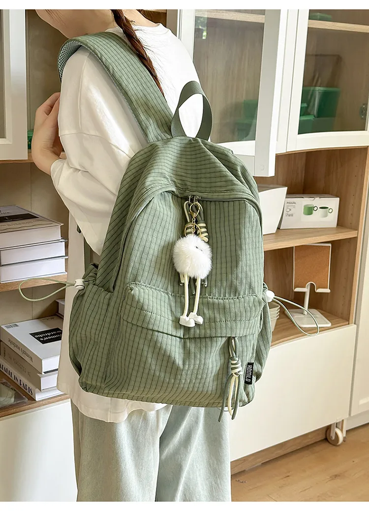 Children Unisex Plaid Nylon School Backpack with Ornament, Breathable Design for Spring and Summer