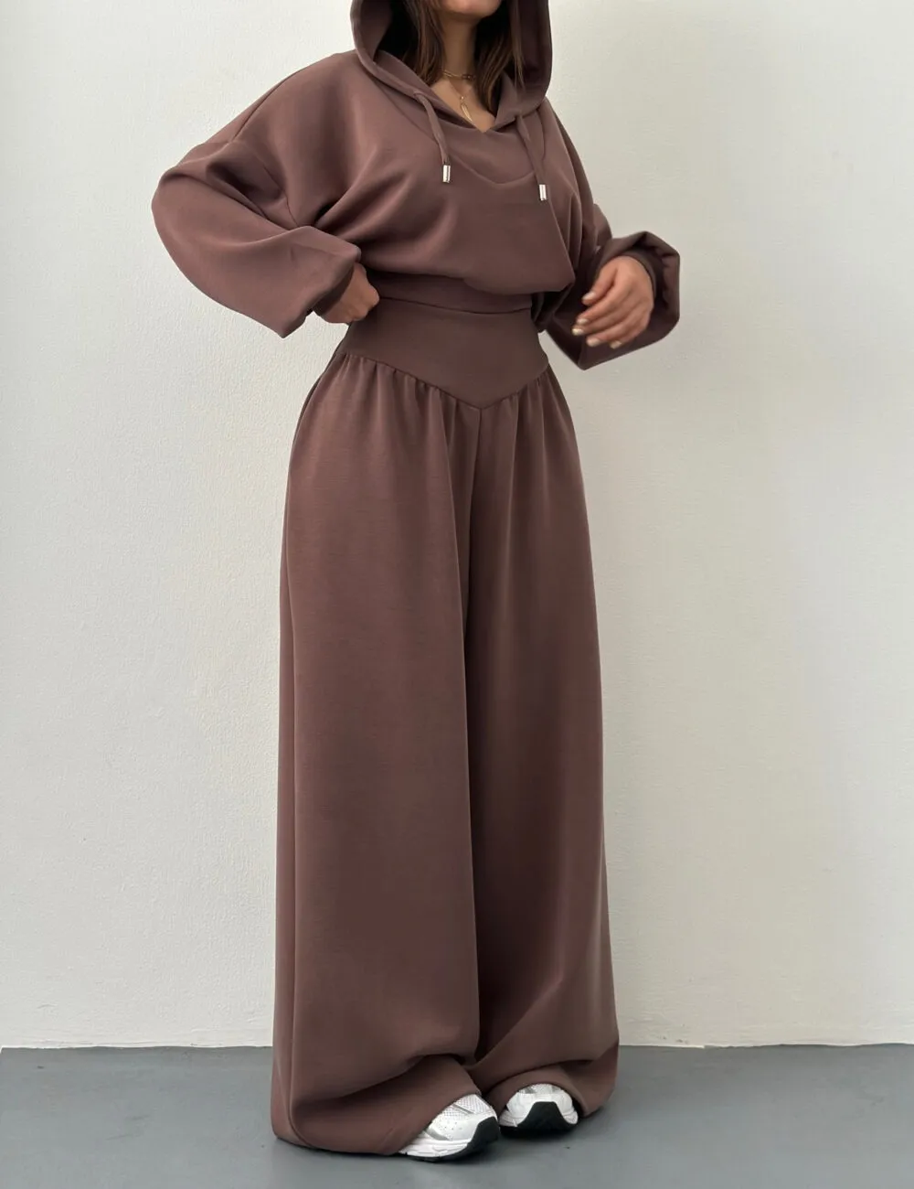 Solid Color Pant Co-ord Set, Casual Style, Cotton Polyester, V Neck, Long Sleeve, 2 Pieces