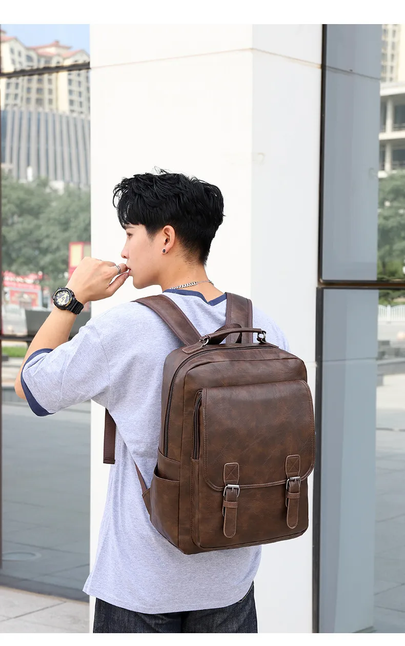 Solid Color PU Laptop Backpack with Breathable Design, 16 Inch Casual Backpack