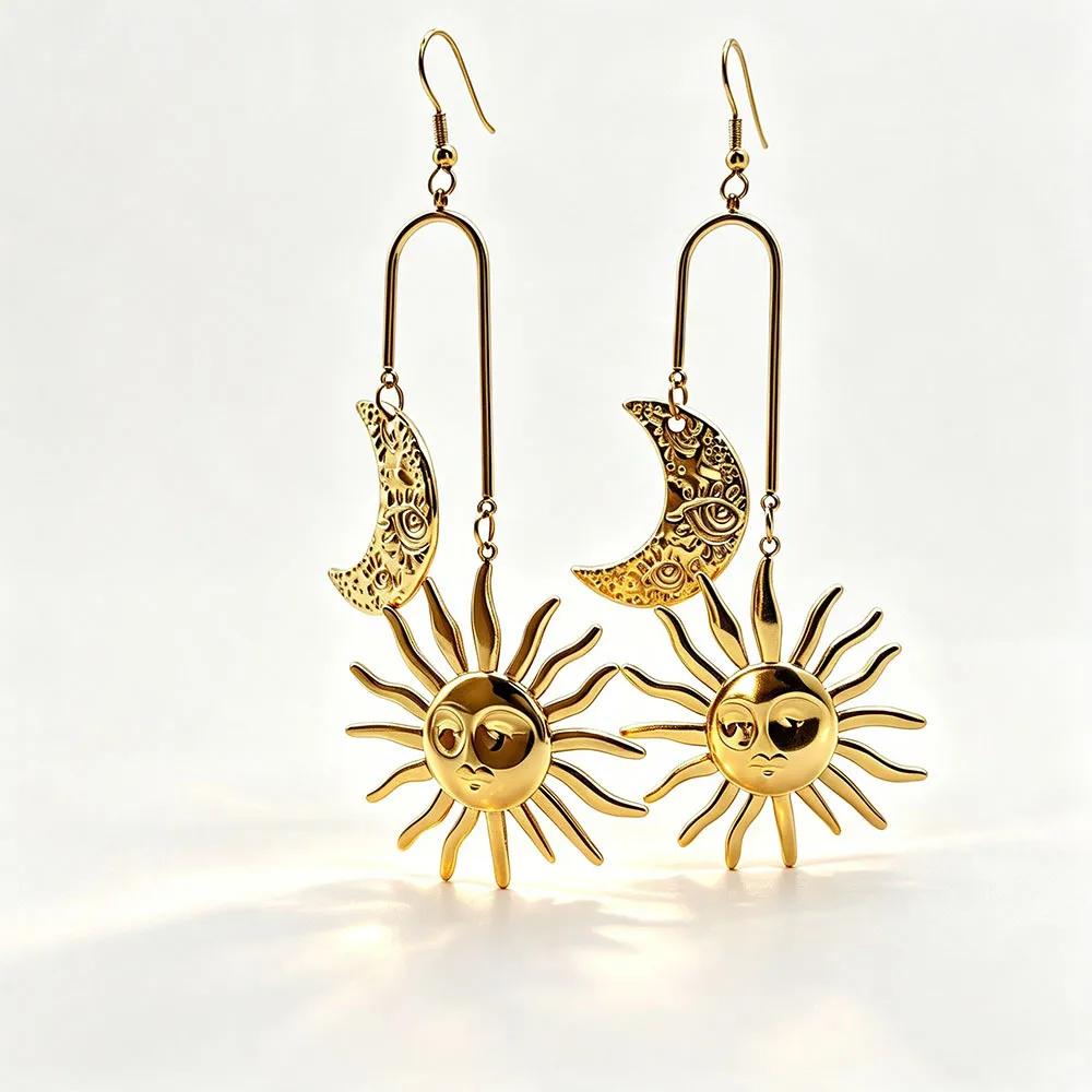 Retro Moon Tassel Drop Earrings for Women in 18K Real Gold Plated 304 Stainless Steel