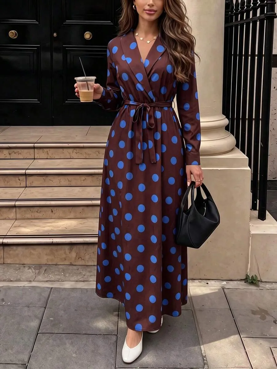 Elegant Polka Dot Dress with V Neck and Long Sleeve, Polyester Maxi Long Dress