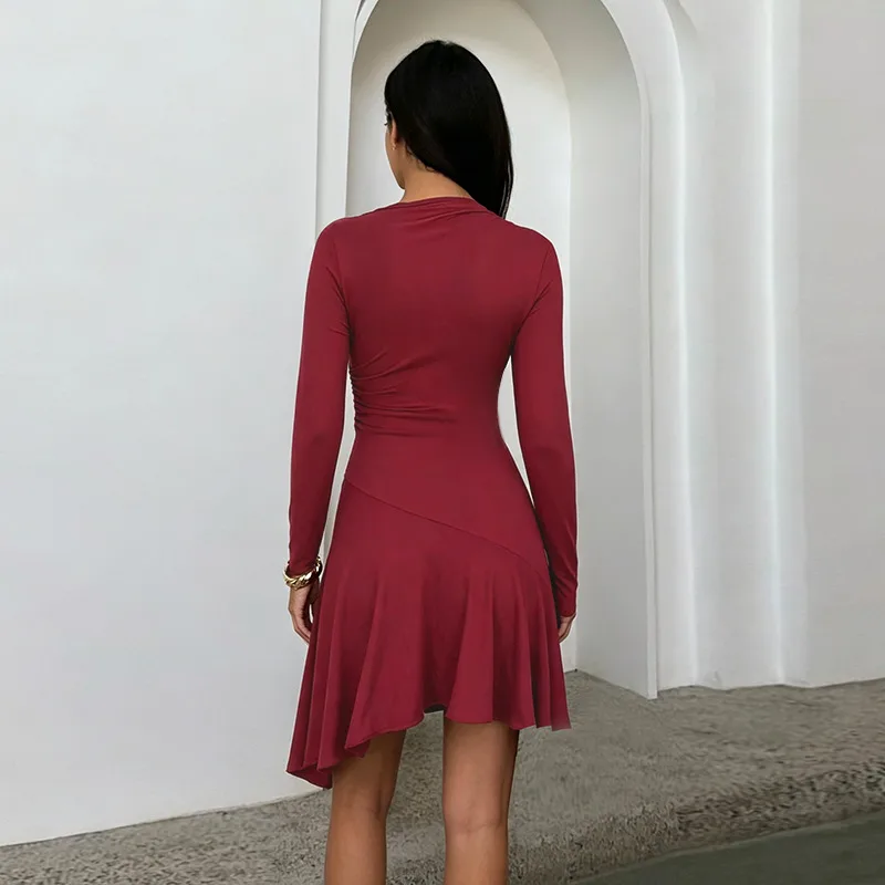 Solid Color Long Sleeve Turtleneck Sheath Dress in Polyester Fabric, Above Knee Length for Business