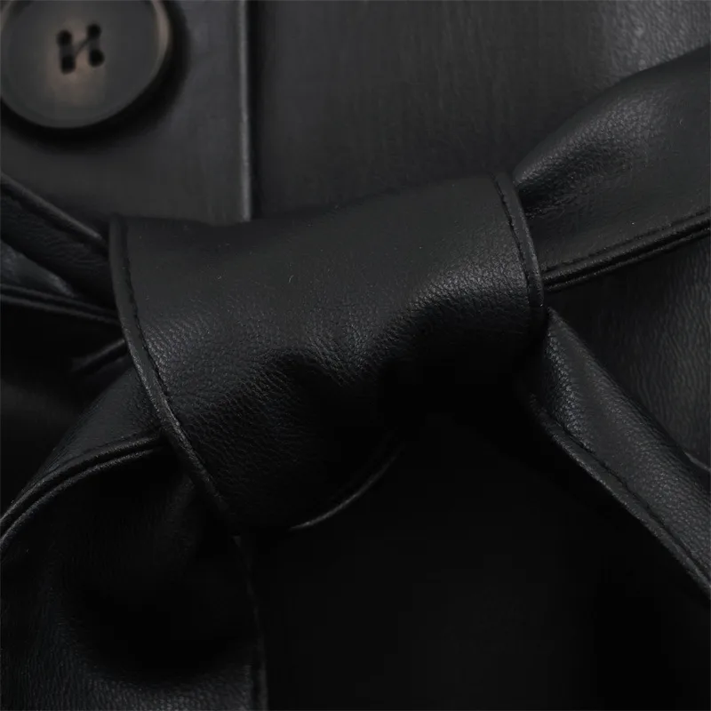 Elegant Women's Leather Jacket Coat with Tie Placket and Pocket, Featuring PU Fabric and Lapel Collar