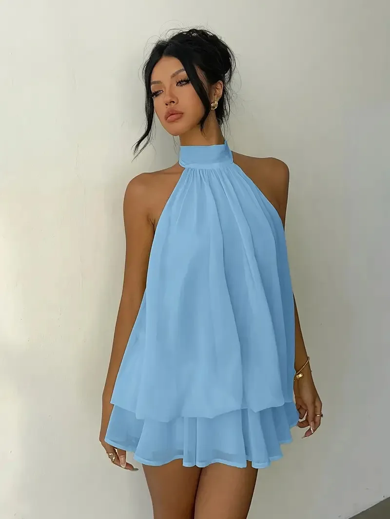Solid Color Sleeveless Halter Neck Tea Dress in Polyester Fabric, Above Knee Length, Vacation Style