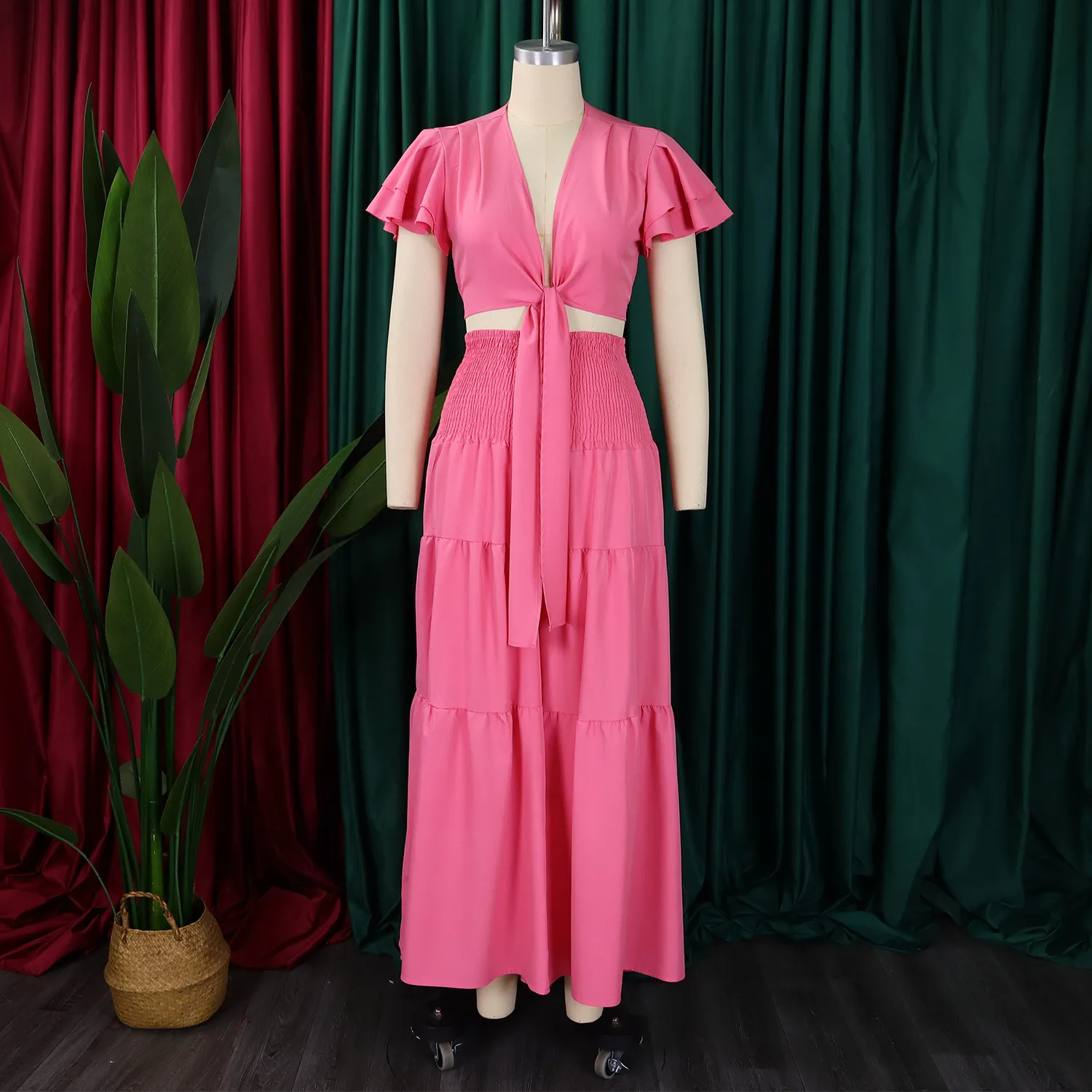 Women's Full Length Jumpsuit in Polyester Fabric Featuring Elegant Folds, Short Sleeve Design for Summer Wear