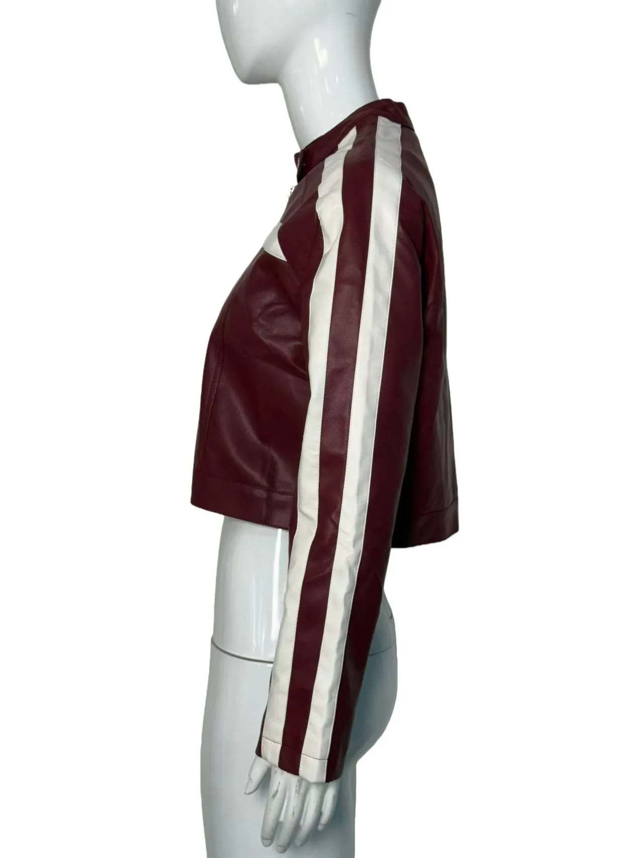 Vintage Style Color Block Leather Jacket for Women in PU Fabric with Zipper Closure
