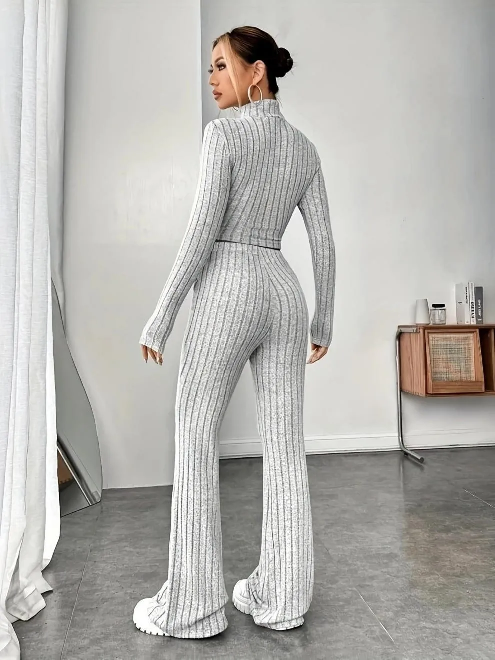 Women’s Stripe Pant Co-ord Set in Polyester with Turtleneck, Streetwear Style for Daily Wear, 2 Pieces Set