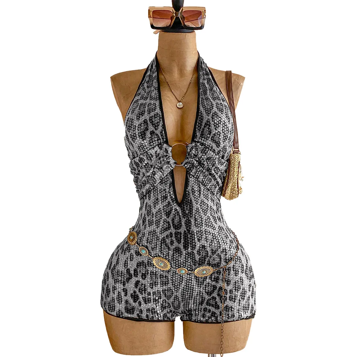 Sexy Leopard Print Rompers Shorts for Nightclub, Featuring Polyester Fabric with Sequins Detail