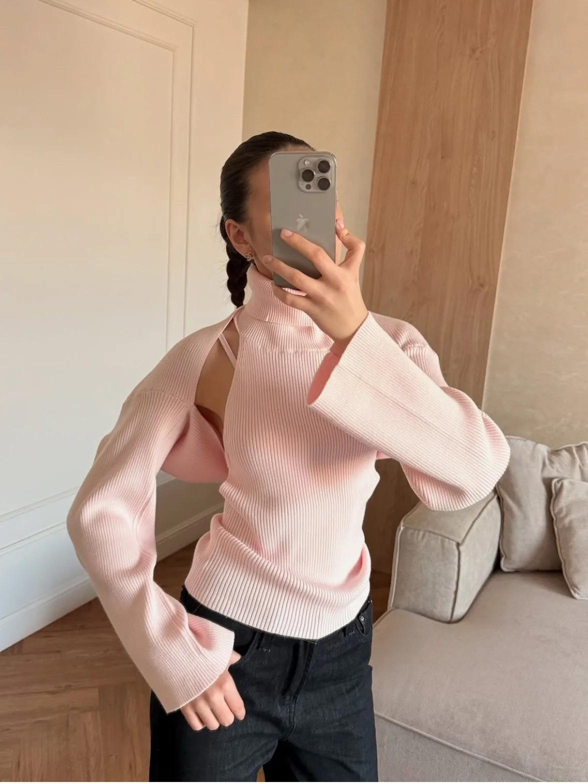 Long Sleeve Acrylic Sweater with Turtleneck, Knitted Craft, Regular Sleeve, 2 Pieces Set