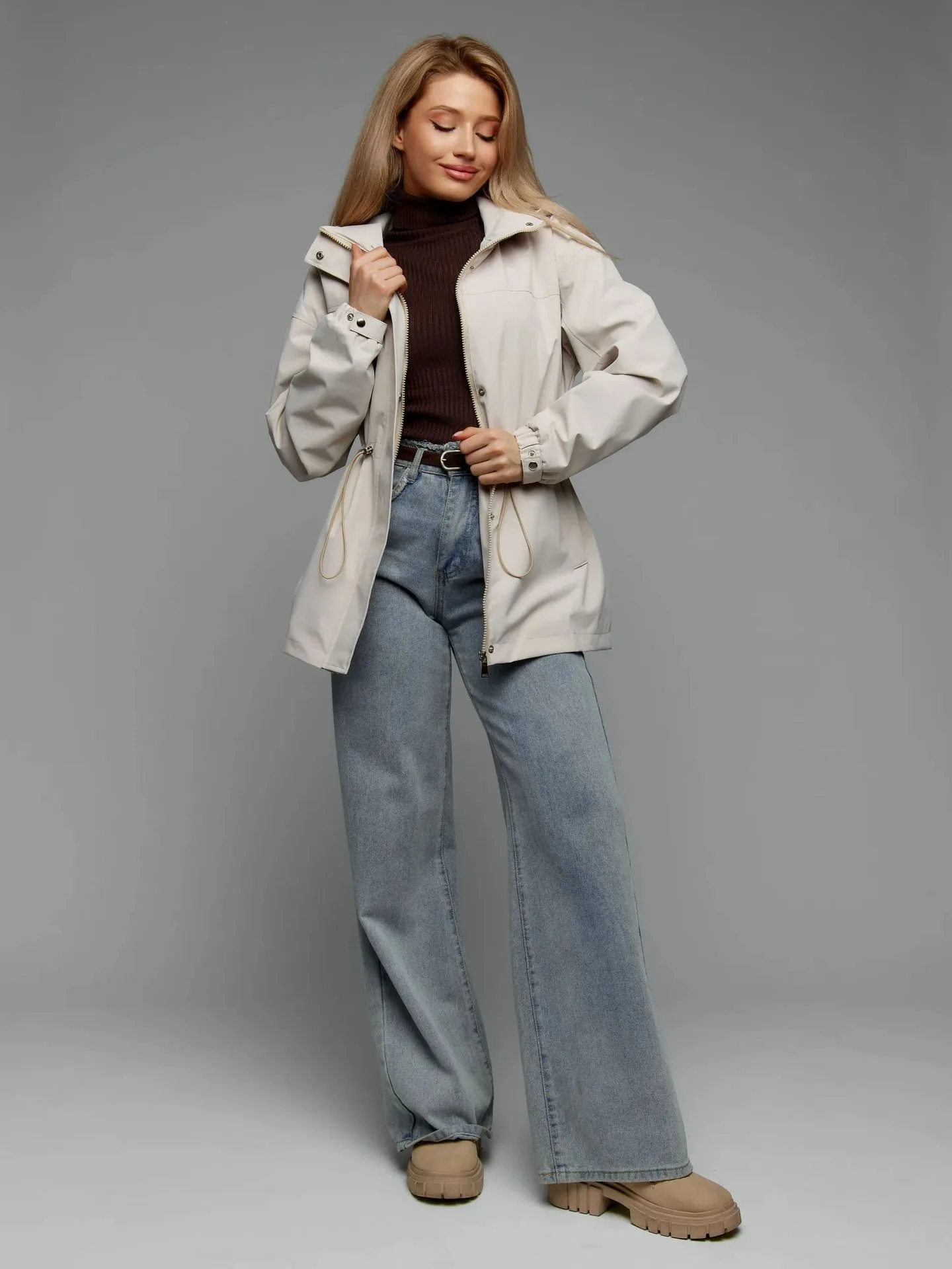 Casual Solid Color Outdoor Jacket for Women with Zipper Placket, Standing Collar, Polyester Fabric, and Drawstring Detail