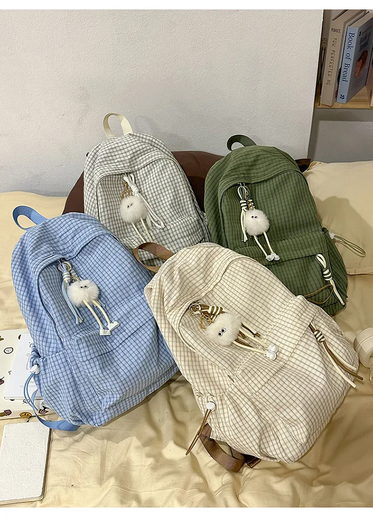 Children Unisex Plaid Nylon School Backpack with Ornament, Breathable Design for Spring and Summer