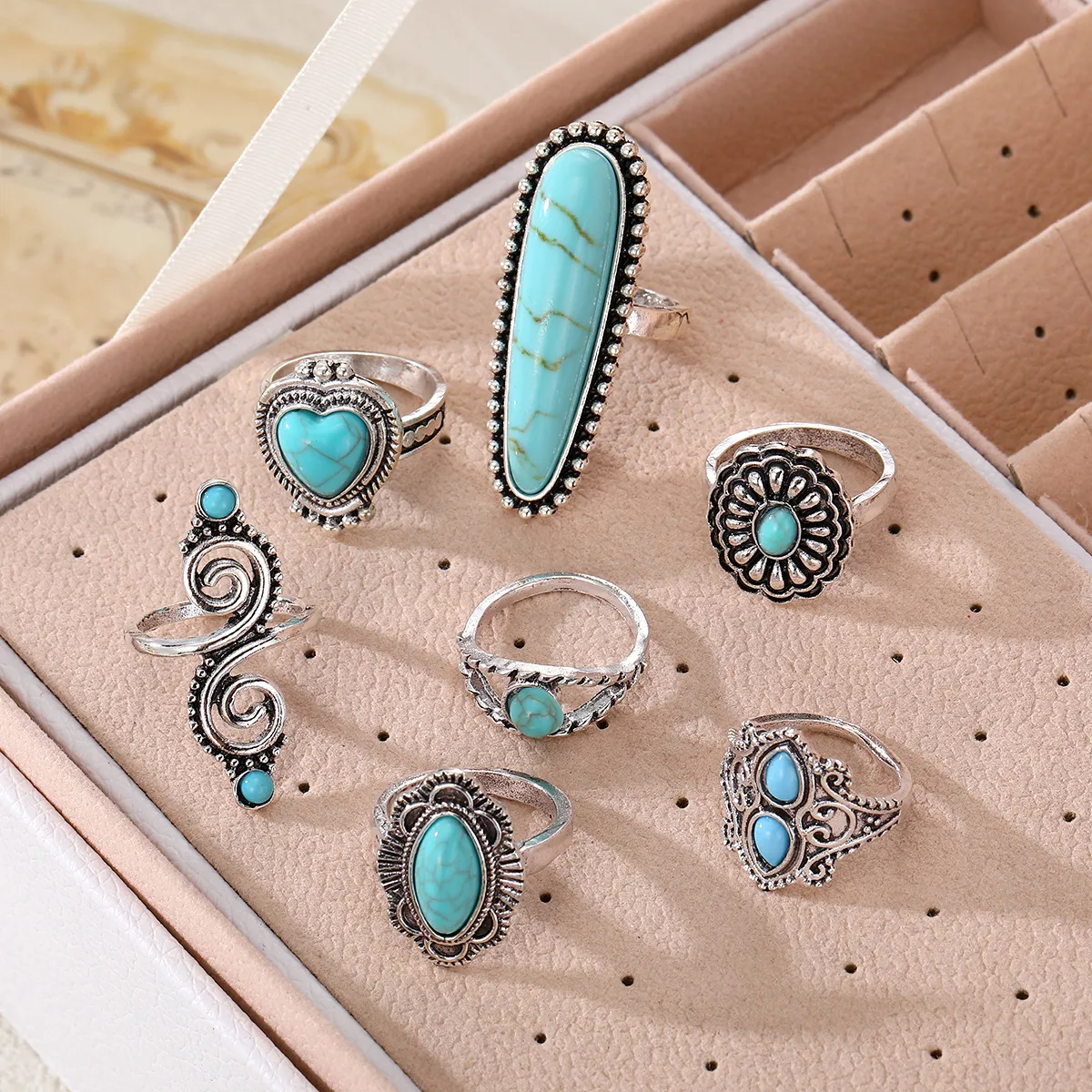 Vintage Bohemian Turquoise Heart Flower Ring for Women Alloy Plated Ethnic Jewelry