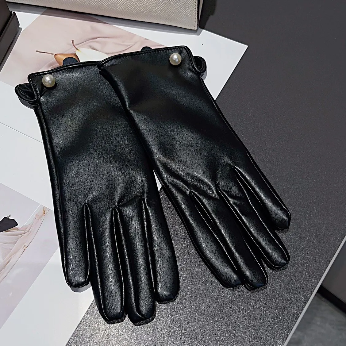 Women's Winter PU Leather Touchscreen Gloves with Fleece Lining and Diamond Embellishment