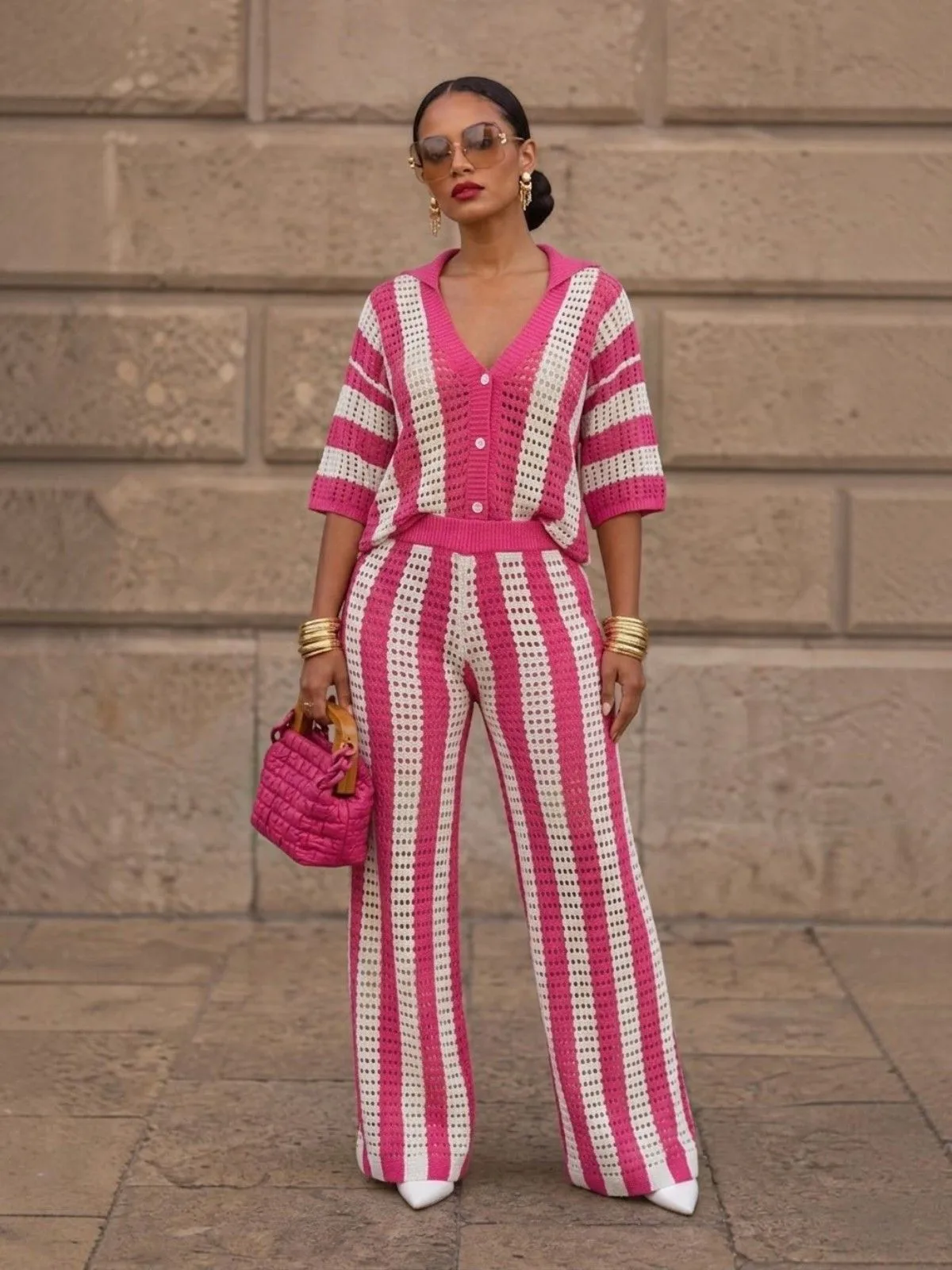 Casual Stripe Wide Leg Pants Pant Co-ord Set in Polyester with Knitted Craft, 2 Pieces Set Featuring V Neck
