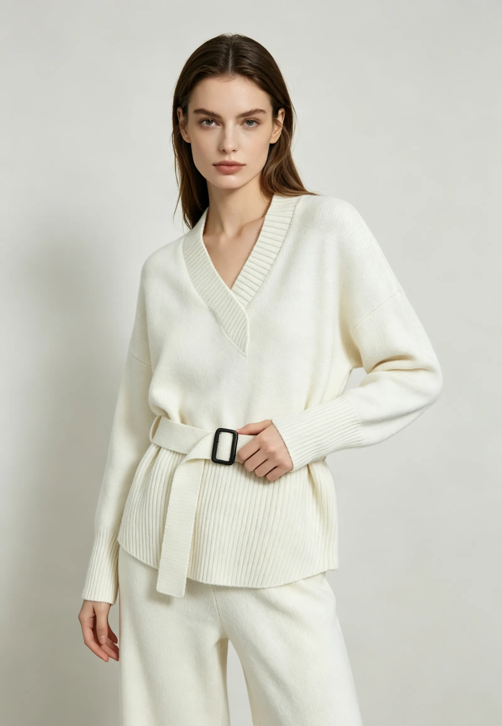 Streetwear Pant Co-ord Set in Knit Fabric with Belt, featuring V Neck and Long Sleeve, Full Length Pants with Stretchy Fit
