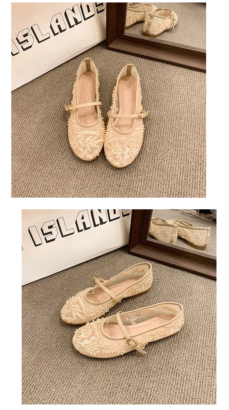 Solid Color Women Mary Jane Shoes with Rubber Sole and Flat Heel Featuring Mesh Upper in Casual Style