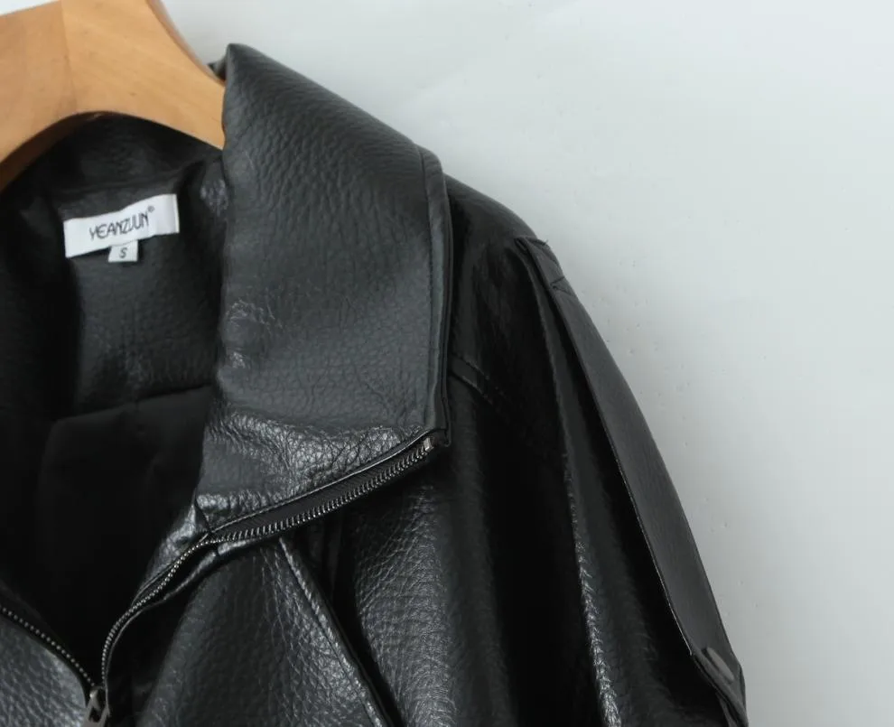 Streetwear Women's PU Leather Jacket with Zipper Placket Lapel Collar Long Sleeve