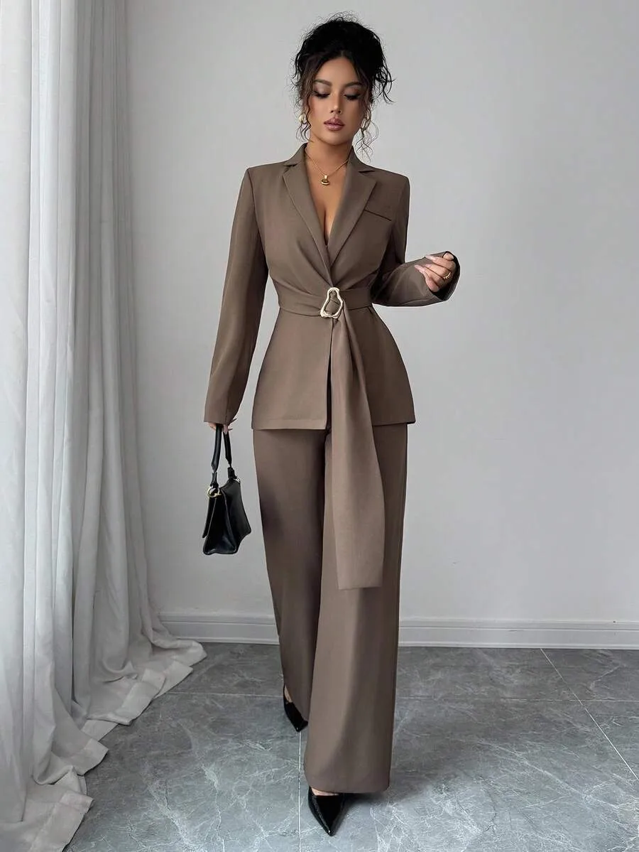 Elegant Wide Leg Pants Co-ord Set in Solid Color Polyester Featuring Patchwork, Casual 2 Pieces Set