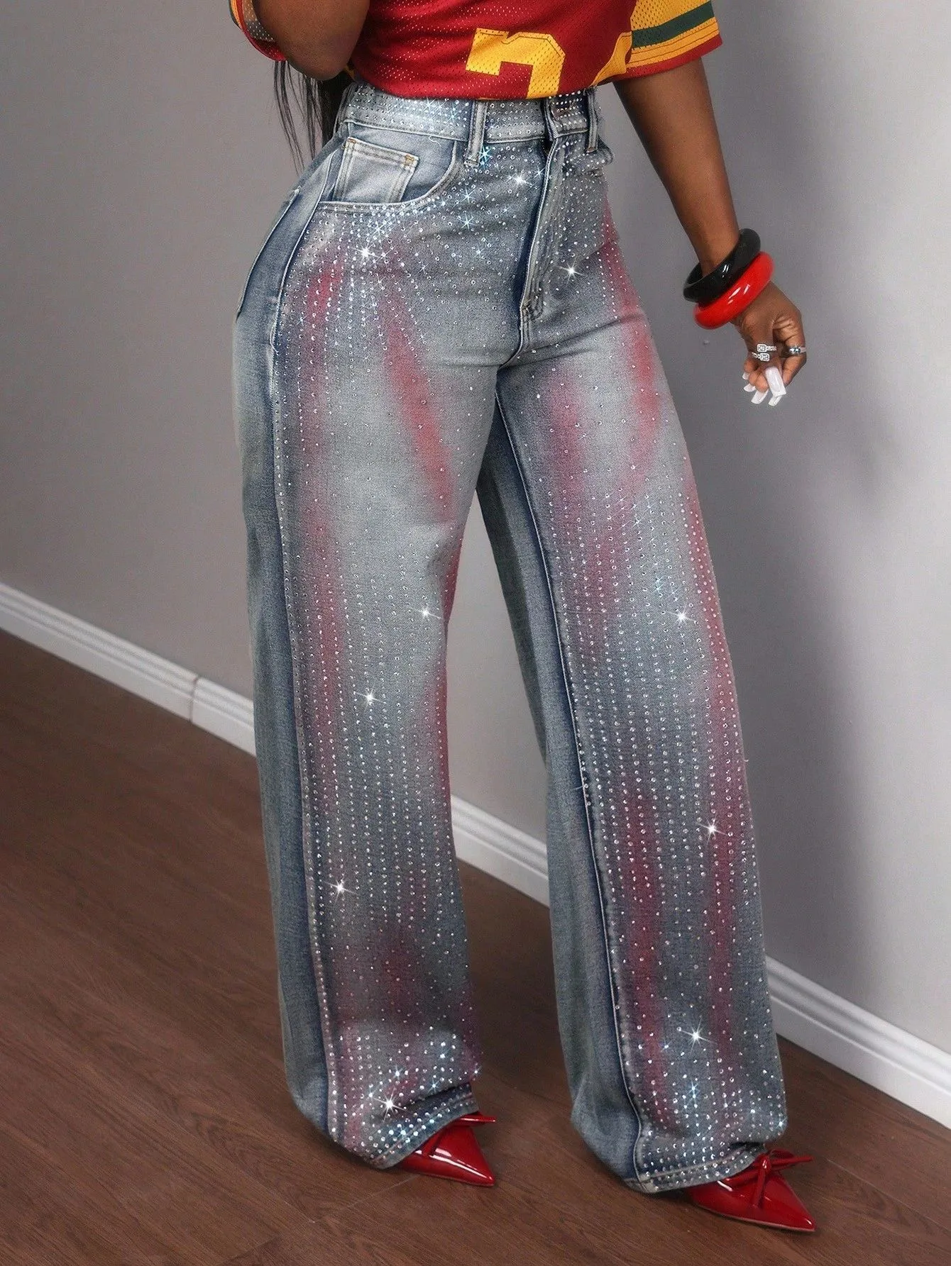 Ombre Wide Leg Full Length Denim Cotton Pants for Women with Rhinestones, Inelastic, Summer Style