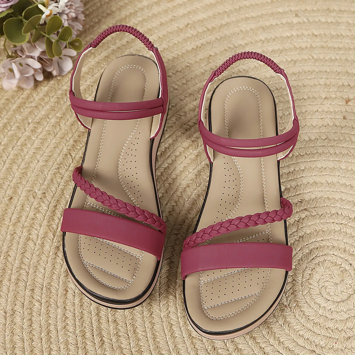 Solid Color Women Wedge Sandals with Rubber Sole and Crochet Upper Featuring Wedge Heel in PU Leather Lining