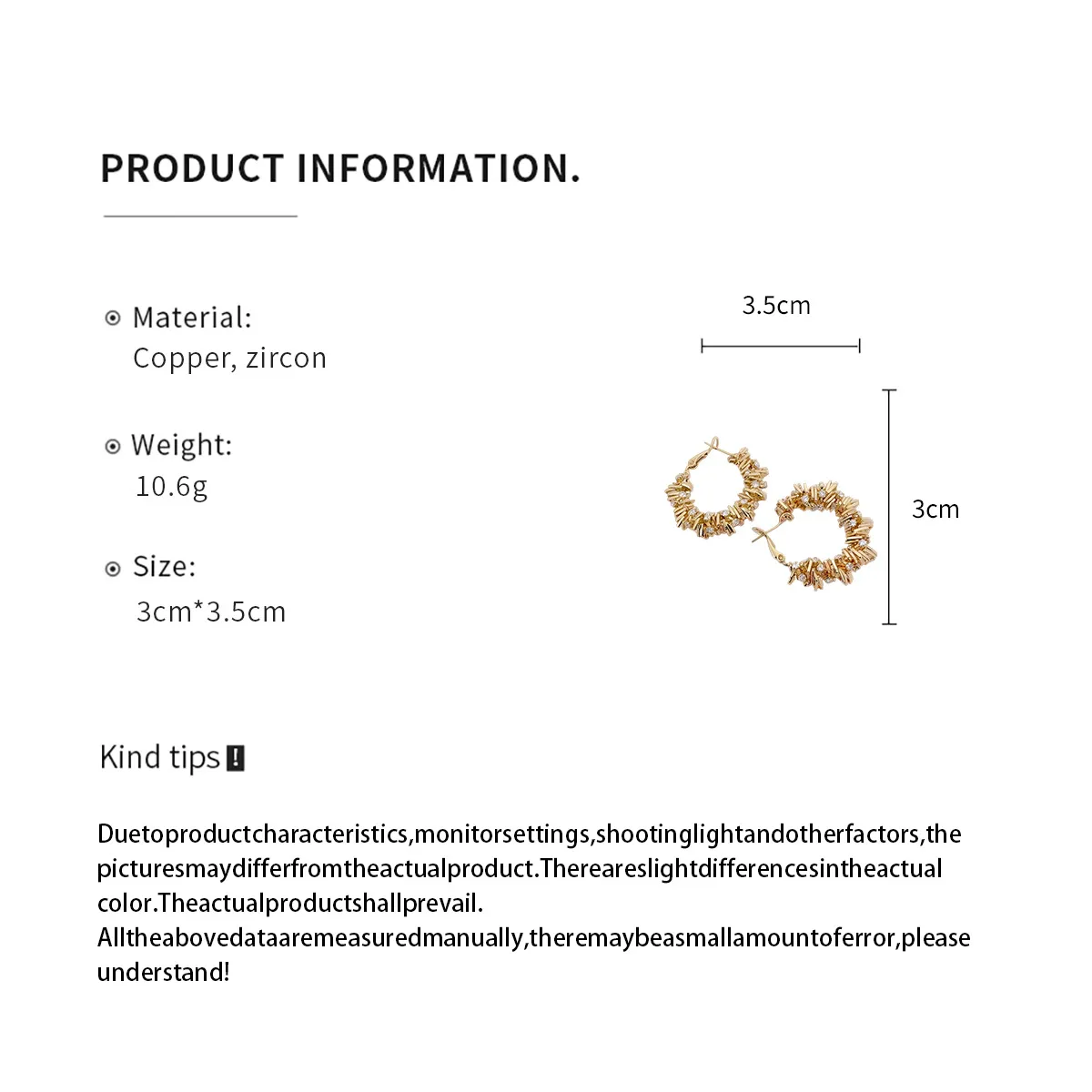 Round Gold Copper Earrings For Women Featuring Zircon Inlay and 304 Stainless Steel Stud Posts