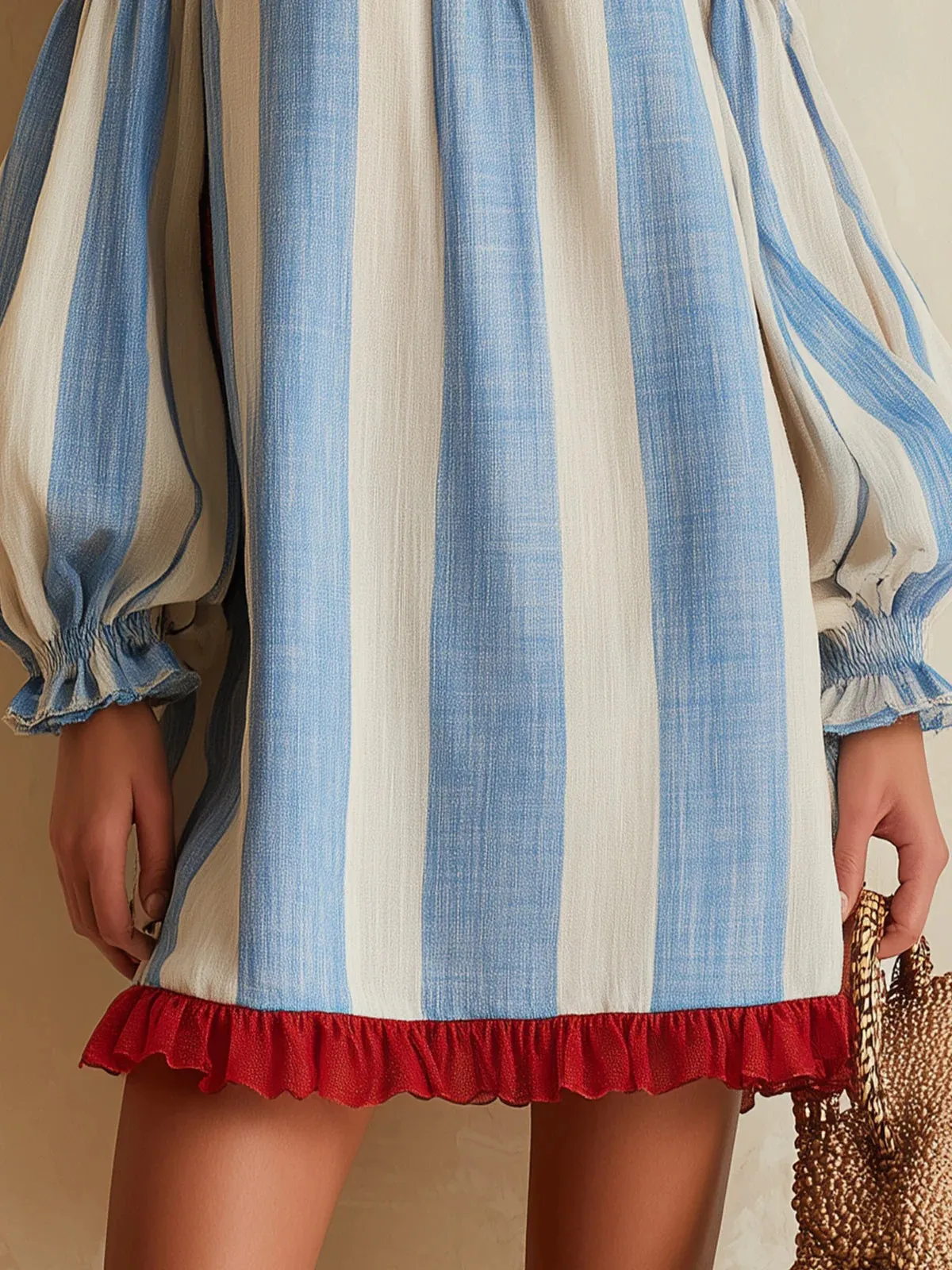 Stripe Off Shoulder Long Sleeve Vacation Dress in Polyester Fabric, Above Knee Length Regular Dress