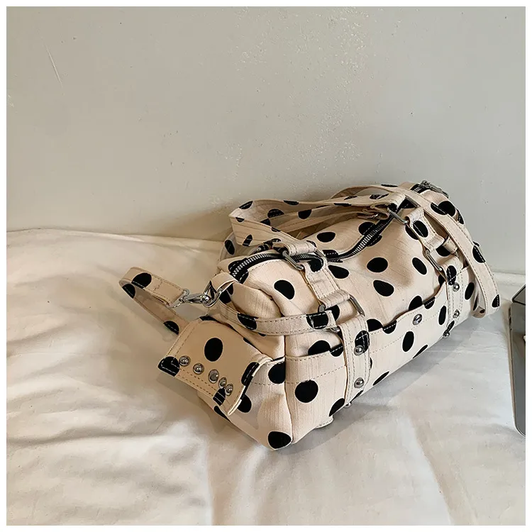 Women’s Canvas Square Handbag with Polka Dots Pattern and Sewing Thread Detail, Featuring Single Shoulder Strap