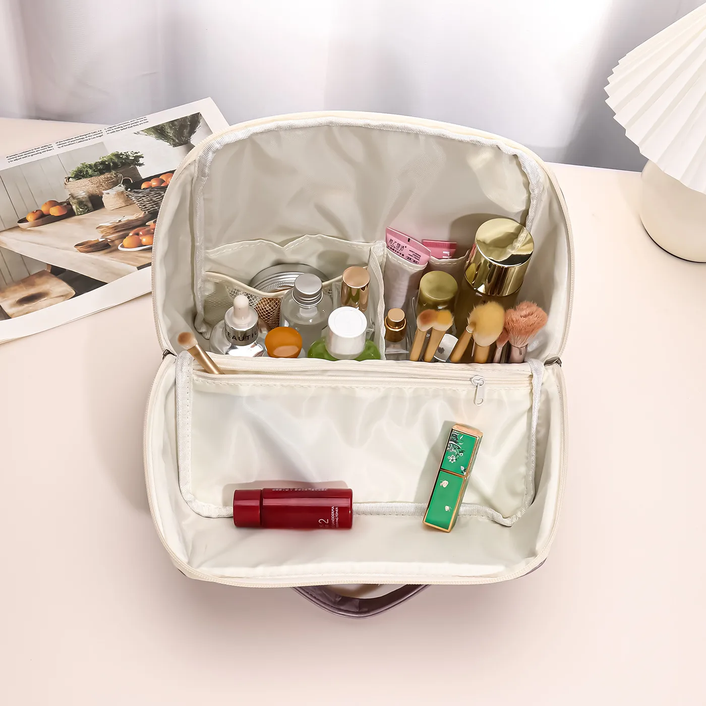 Solid Color PU Leather Cosmetic Bag for Women with Top Handle, Waterproof Design