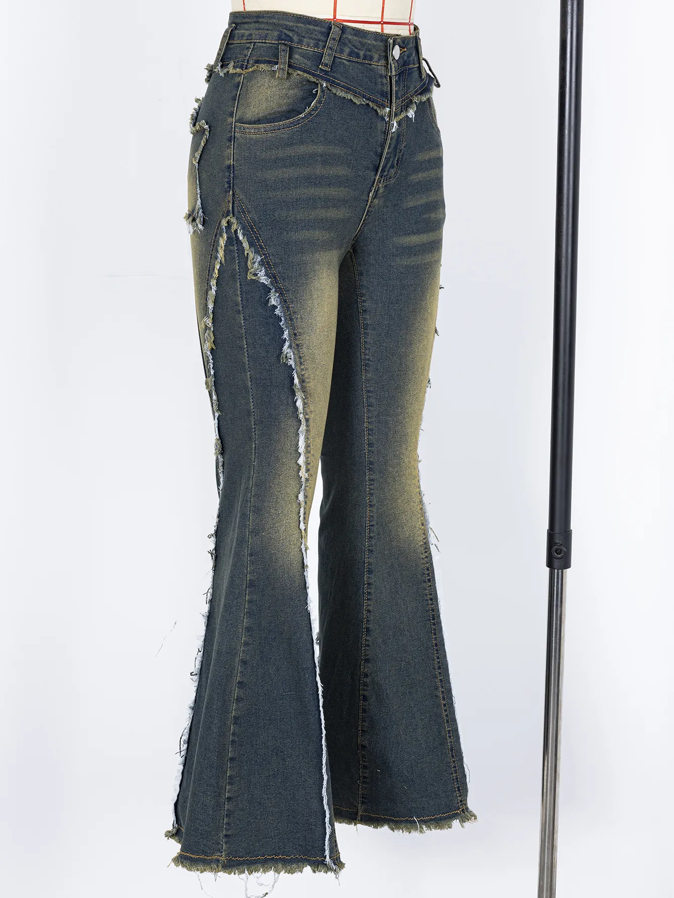 Vintage Style Star Flared Pants in Full Length Featuring Denim Cotton Fabric with Raw Hem and Micro-Elastic Stretch for Women