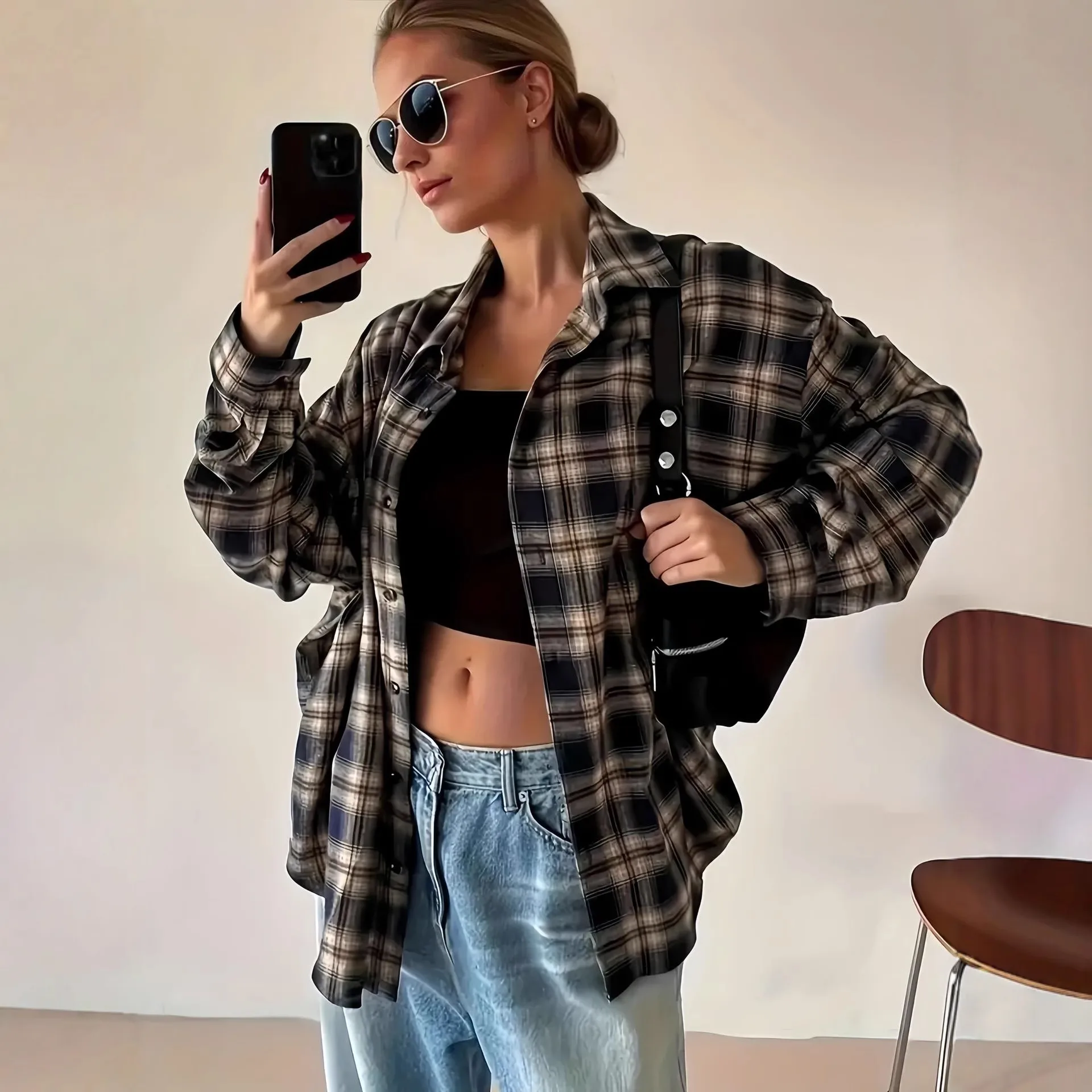 Plaid Casual Long Sleeve Polyester Shirt for Women with Single Breasted Front and Lapel Collar