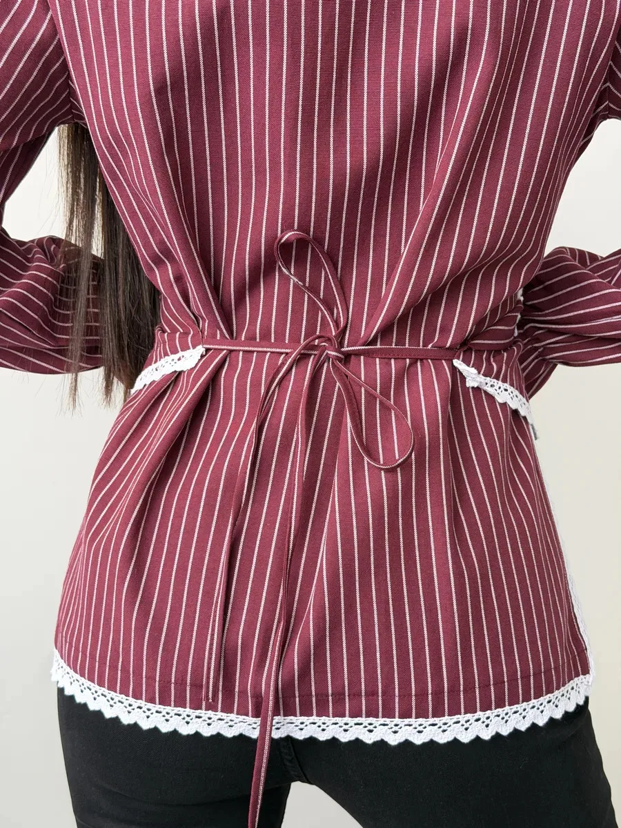 Stripe Long Sleeve Streetwear Cotton Shirt for Women Featuring Criss Cross Craft and Single Breasted Design