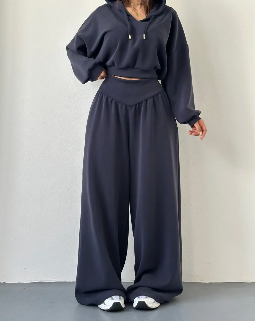 Solid Color Pant Co-ord Set, Casual Style, Cotton Polyester, V Neck, Long Sleeve, 2 Pieces