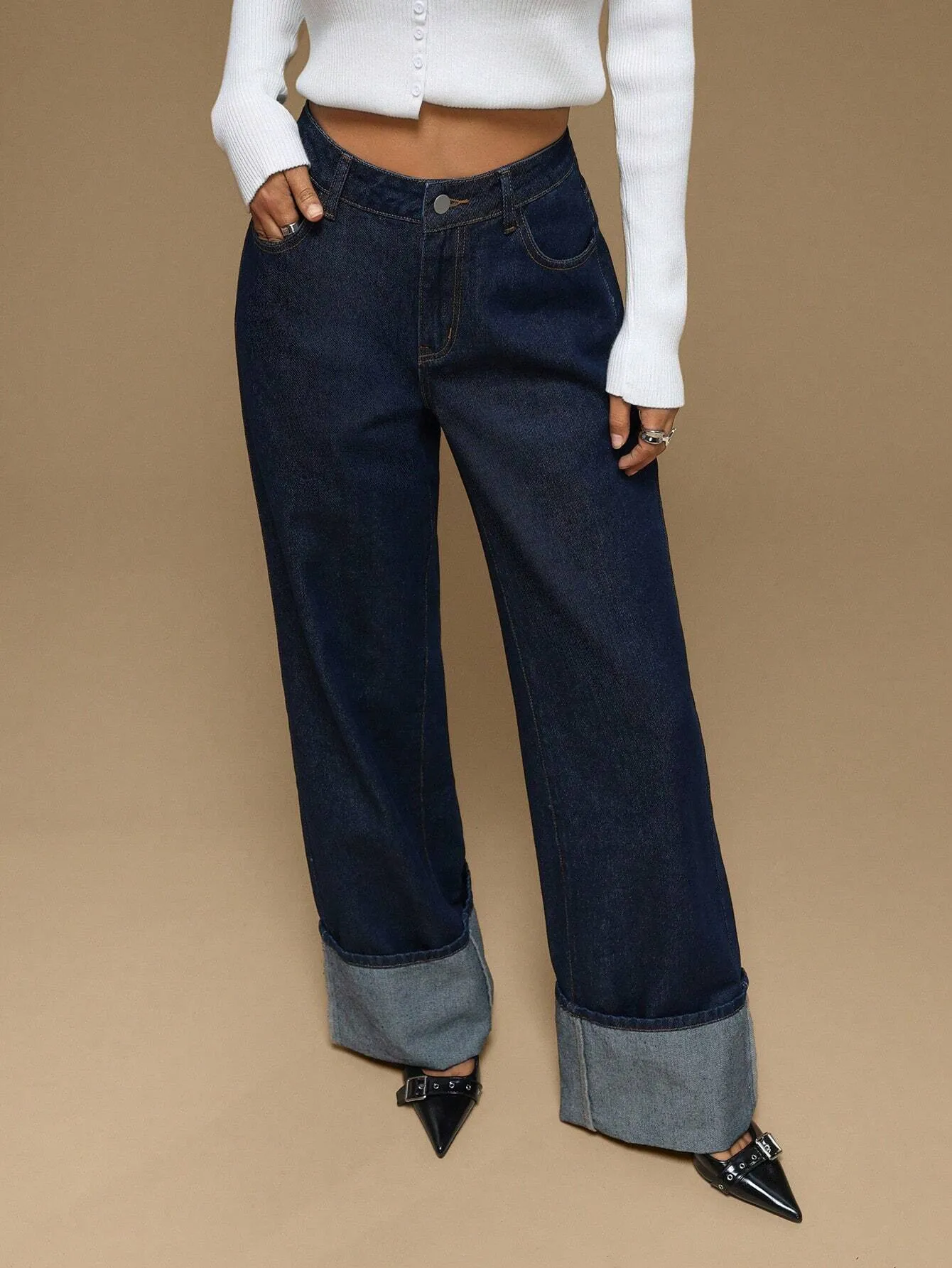 Solid Color Full Length Jeans for Women in Denim Cotton with Regular Fit, Inelastic Design, Suitable for Autumn
