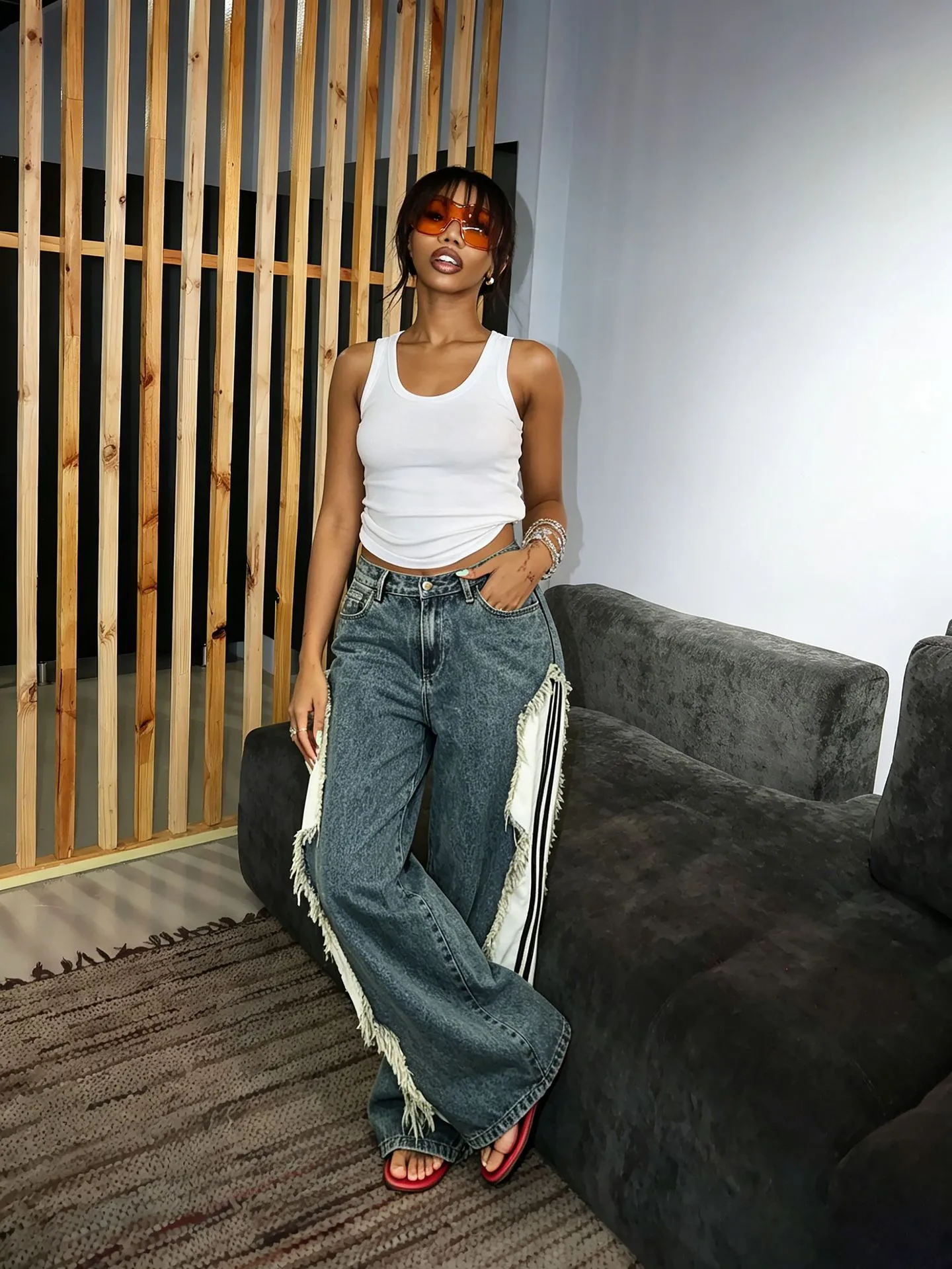 Stripe Full Length Denim Cotton Jeans for Women in Streetwear Style with Raw Hem, Inelastic Fabric