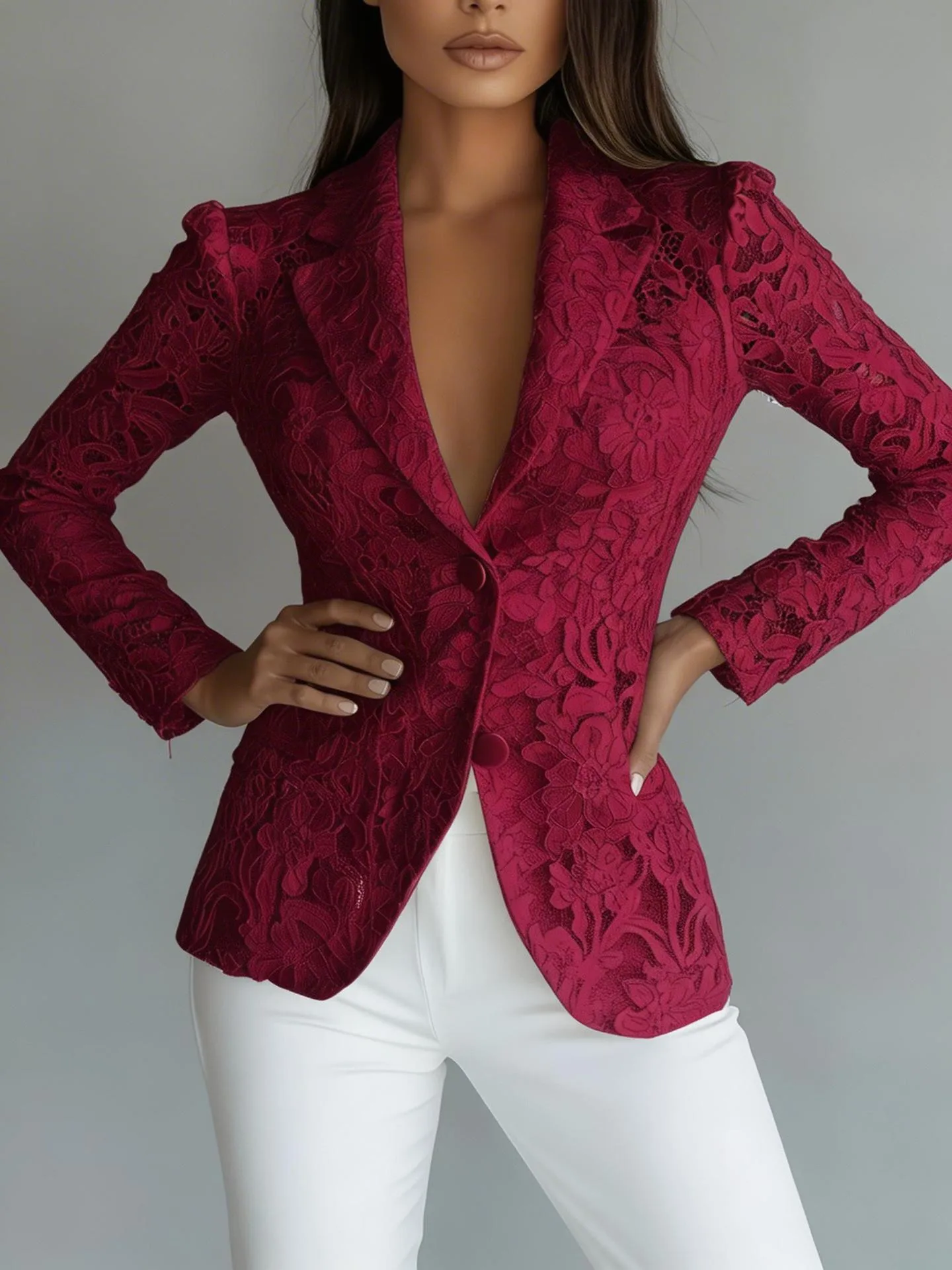 Elegant Lace Polyester Blazer with V Neck and Single Breasted Closure
