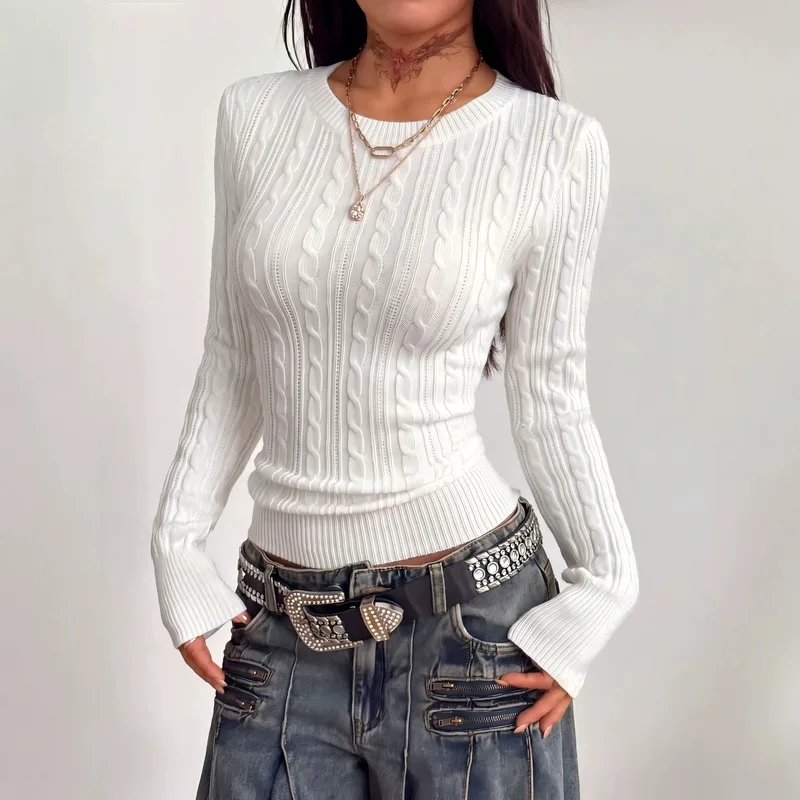 Solid Color Long Sleeve Acrylic Streetwear Pullover Sweater for Women Featuring Braid Craft