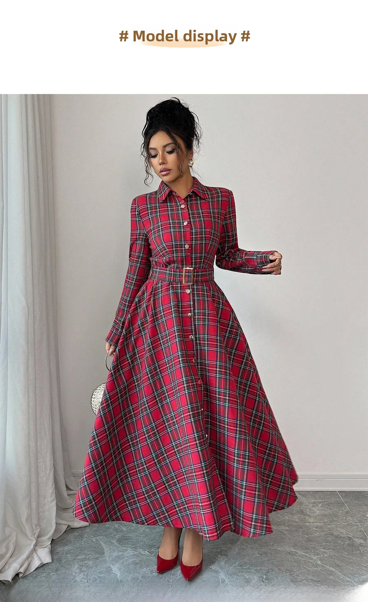 Vintage Style Plaid Long Sleeve V Neck Casual Regular Dress in Polyester Fabric
