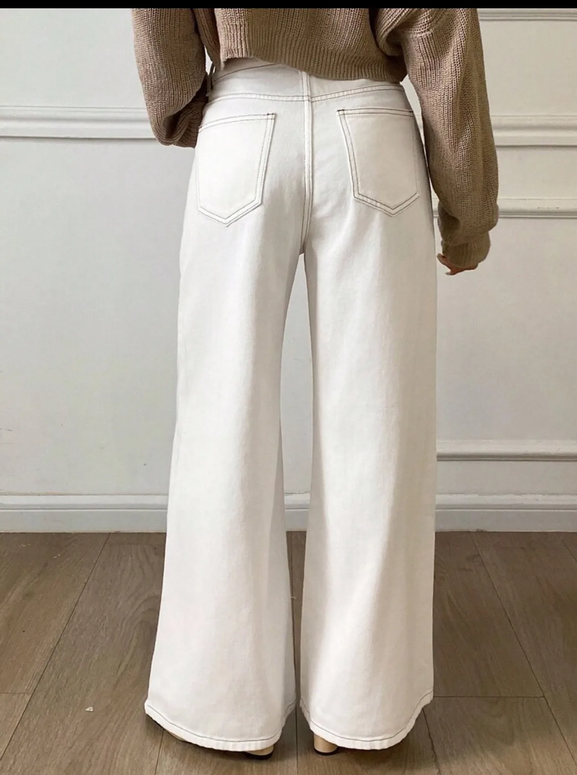 Casual Full Length Wide Leg Denim Cotton Pocket Pants for Women in Spring, Inelastic Design